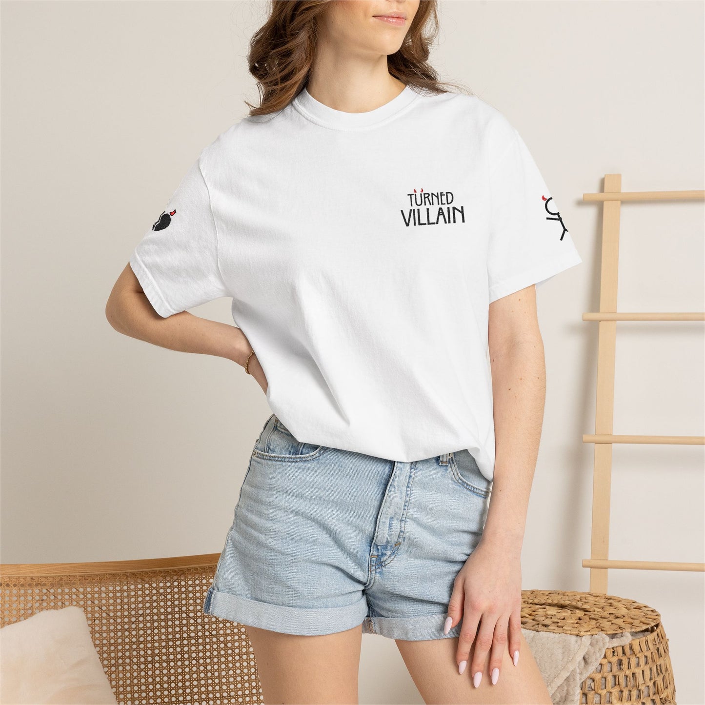 Embroidered T-Shirt — Turned Villain logo with Sleeve Icons