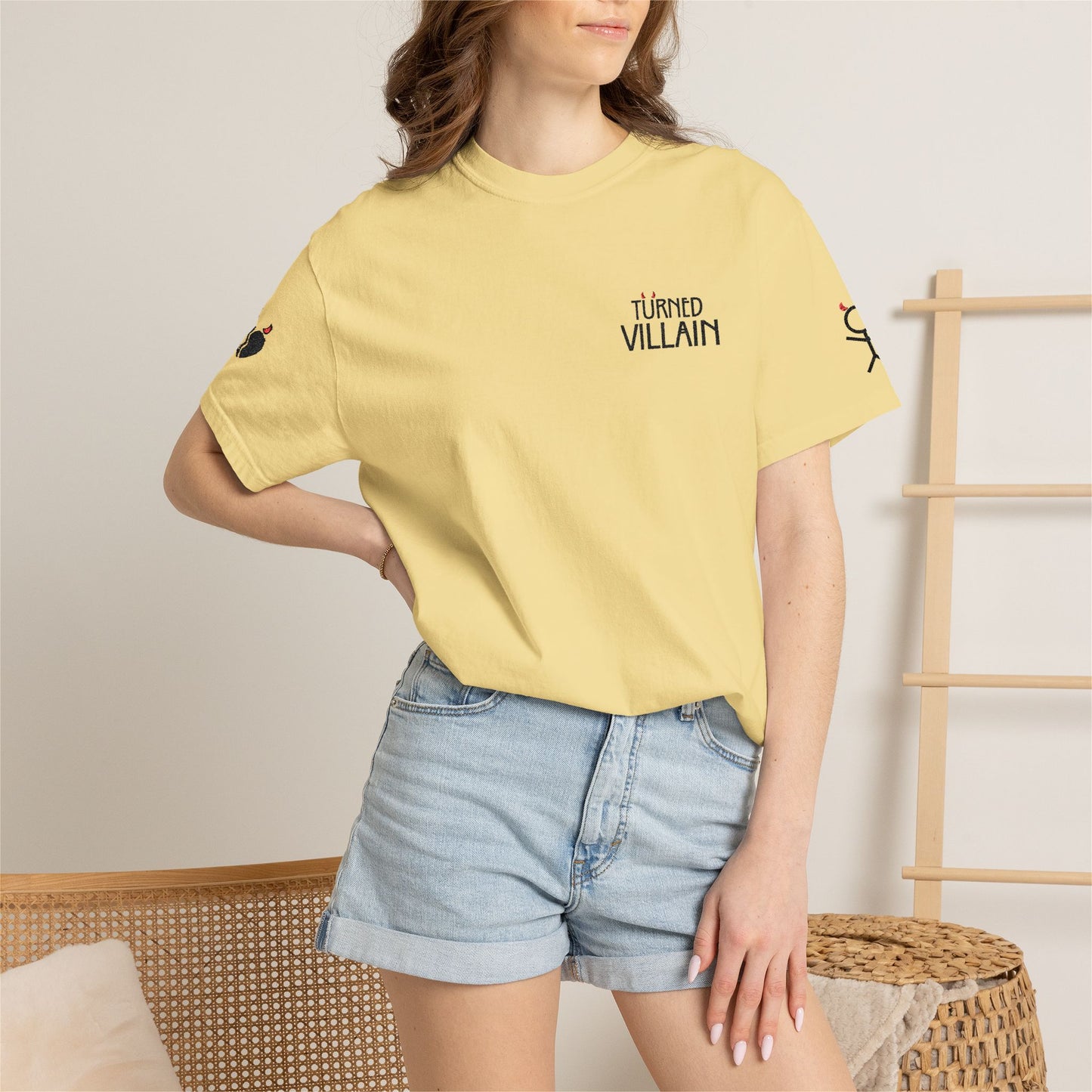Embroidered T-Shirt — Turned Villain logo with Sleeve Icons