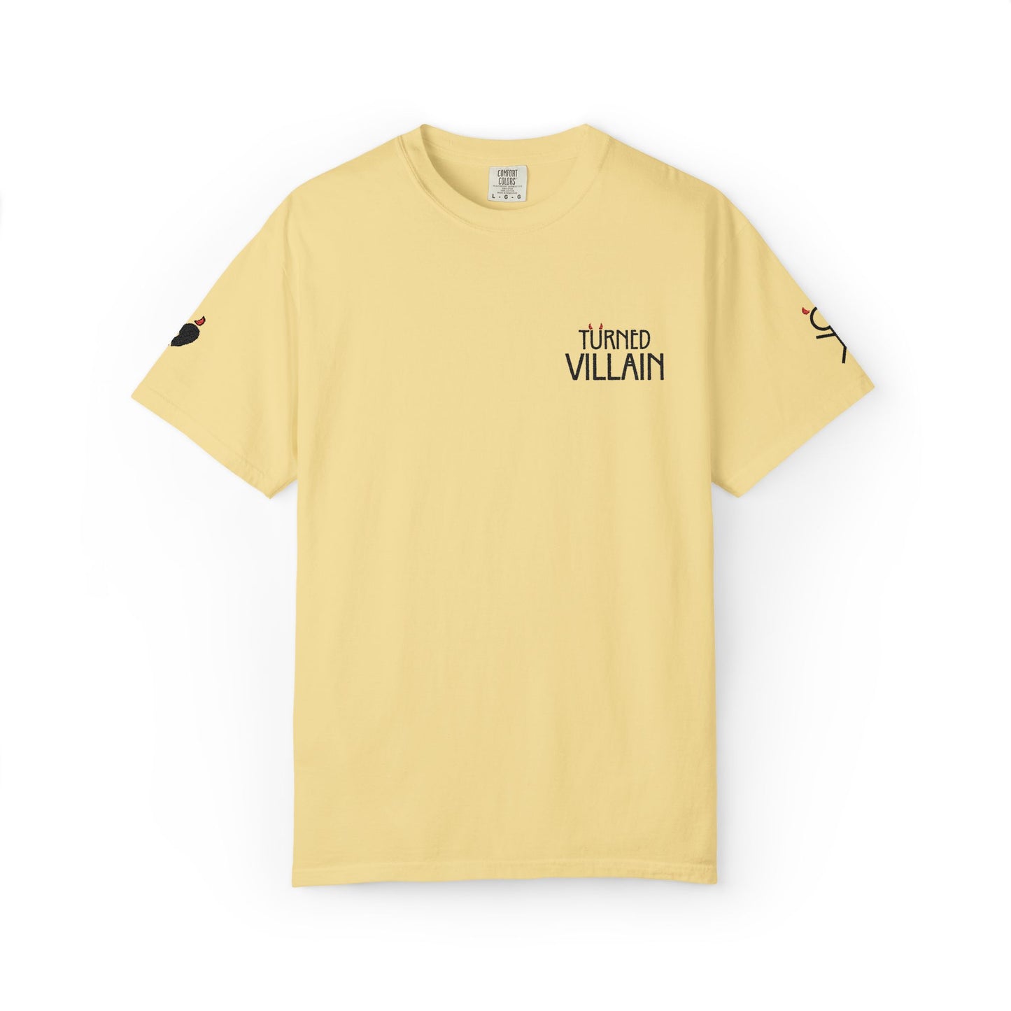 Embroidered T-Shirt — Turned Villain logo with Sleeve Icons